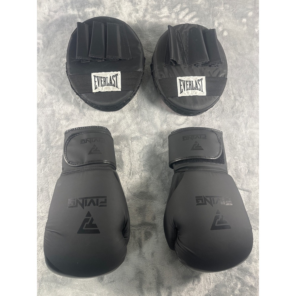 Fiving 14oz Boxing Gloves Black & Everlast Focus Mitts Red Black Training Set